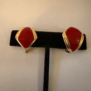 Monet clip on Gold Plated & Bright Red Enamel vintage signed earrings.